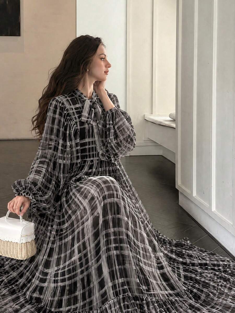 Women's Elegant Long Sleeve Modern Fashion Plaid Print Patchwork Design High-End Elegant Luxury Flare Dress - Multicolor - View 1