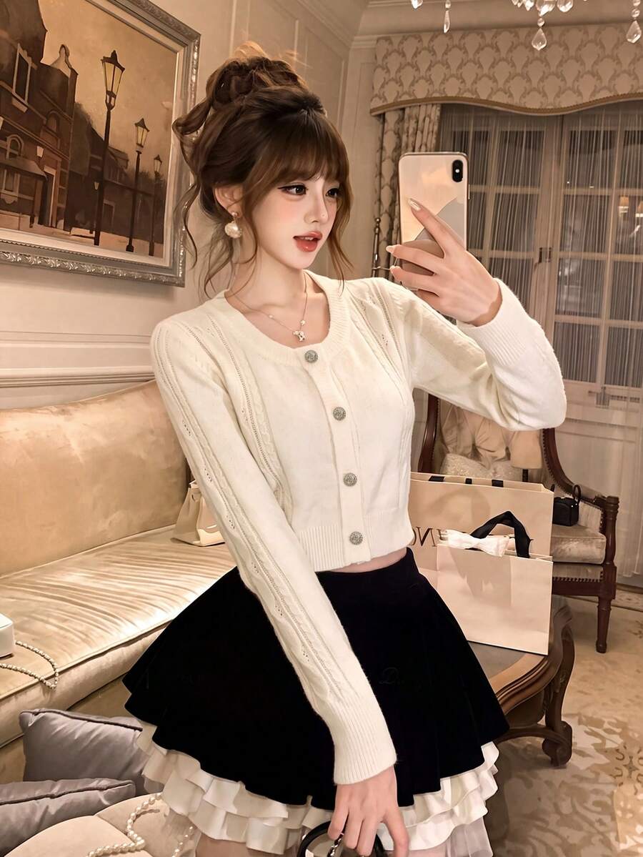 Minimalist Sexy Style Crochet Hollow Out Exquisite Button Knit Sweater Women Autumn/Winter New Round Neck Soft Fluffy Long Sleeve Crop Top - Apricot - View 1
