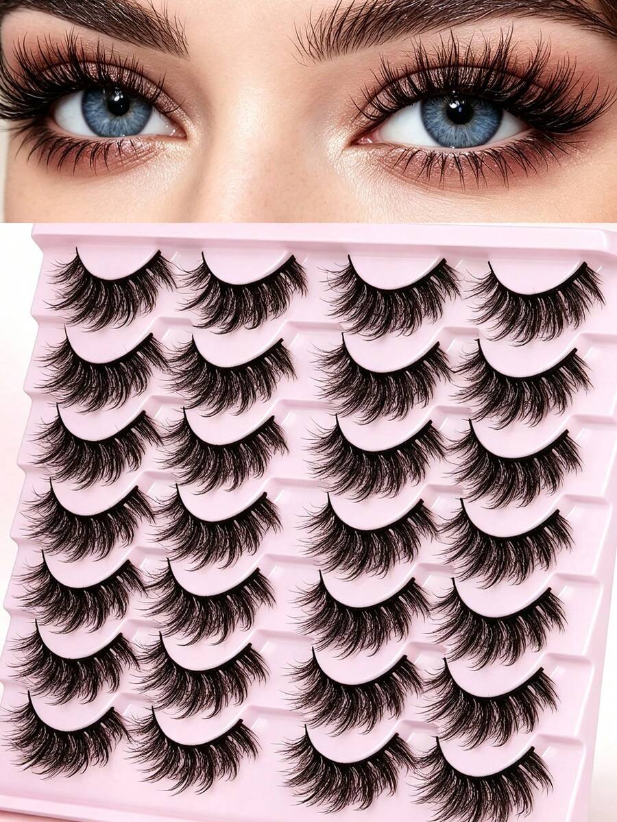 14 Pairs False Eyelashes Natural Faux Mink Lashes Fluffy Wispy Cat Eye Lashes 14mm 3D Volume Strip Fake Eyelashes Pack - Model 1 - View 1