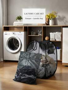 1/2Pcs Foldable Breathable Mesh Pop-Up Laundry Hamper With Side Pocket - Portable Storage Basket For Bedroom, Bathroom, Dorm & Travel. - Black - View 11