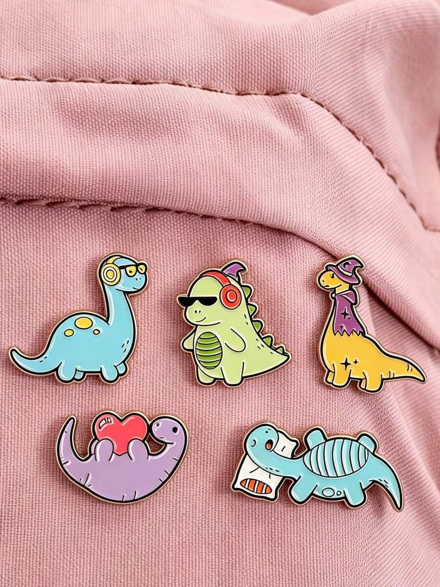 1pc/5pcs Cute Cartoon Brooch With Assorted Dinosaur Patterns, Fashion Clothing Accessory Badge, Bag Lapel Pin, Gift For Friends - Multicolor - View 1