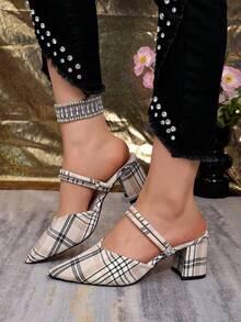Beige Plaid Women's Pointed Toe Half-Covered High Heel Pumps, Minimalist Versatile For Daily Commute, Date And Party - Beige Plaid - View 6