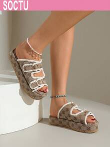 Zapatillas de mujer con punta redonda, suela gruesa, flores, punta abierta y aumento de altura - Marrón - Ver 7