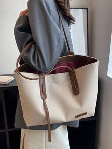 1pc Women's Beige & Brown PU Colorblock Tote Bag, Minimalist Large Capacity Zipper Shoulder Bag, Suitable For Commuting, Work, College, Shopping, Short Trips - Coffee - View 2