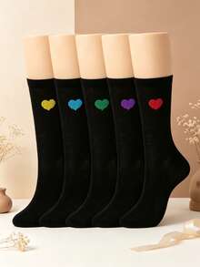 5 Pairs Women's Black Mid-Calf Socks, Soft Comfortable Casual Socks, Colorful Small Heart Pattern All-Season Versatile High-Top Socks - Multicolor - View 5