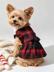 LUCKIE LABO 1pc Black & Red Plaid Bow Dress, Anti-Flea Pet Dog Clothes For Chihuahua Small Dogs, Fashionable Skirt Suitable For Cats & Dogs Indoor/Outdoor - Multicolor - View 3