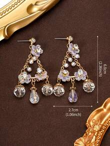 1 par de pendientes vintage de lujo con flores coloridas y perlas falsas, pendientes de botón retro dulces con múltiples elementos y pedrería pesada - vistoso - Ver 5