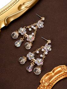1 par de pendientes vintage de lujo con flores coloridas y perlas falsas, pendientes de botón retro dulces con múltiples elementos y pedrería pesada - vistoso - Ver 2