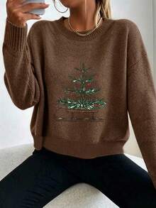 Women's Plus Size Long Sleeve Pullover Sweater, Vintage Hand-Painted Sleigh & Christmas Tree Print, Loose Casual Top, Suitable For Autumn/Winter - Dark Ochre - View 2