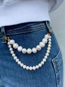 Double Layer Pearl Tie Clip Chain, Vintage Decorative Tie Accessory - White - View 4