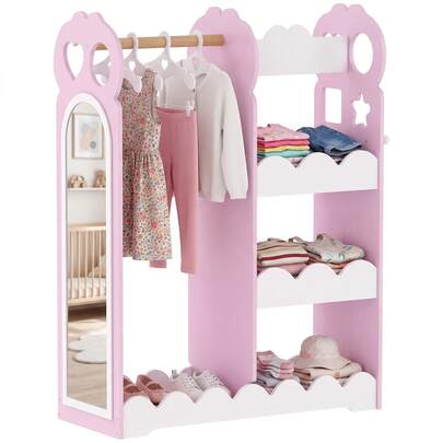 AIYAPLAY Kids Wardrobe, Children Dress Up Storage With Mirror, Clothes Rail, 3-Tier Shelves And 4 Hangers For Girls Boys Bedroom Nursery, Pink