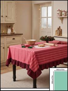 1pc Red And White Thin Striped With Burgundy Ruffle Edge Tablecloth, Christmas Baking Style Fabric Material, Rectangular Burgundy Ruffle Edge Patchwork Detail, Stain-Resistant Protection And Decorative Function For Home Long Table, Suitable For Christmas Baking Decor And Holiday Kitchen Scenes - Red - View 19