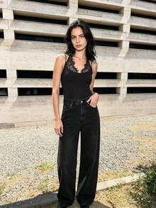 THREADLY Summer New Women's Fashion Sexy Contrast Lace Halter Bodysuit Elegant Black - Black - View 1