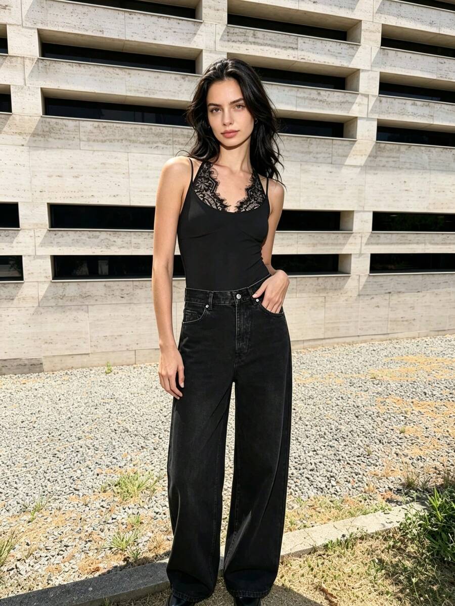 THREADLY Summer New Women's Fashion Sexy Contrast Lace Halter Bodysuit Elegant Black - Black - View 1