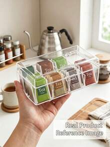 1pc 4-Compartment Transparent Tea Bag Storage Box, Multi-Compartment Portable Coffee Pod Organizer, Flip Lid Moisture-Proof Dust-Proof Storage Box, Suitable For Kitchen, Office Breakroom, Living Room Coffee Table And Small Item Storage - Transparent - View 3
