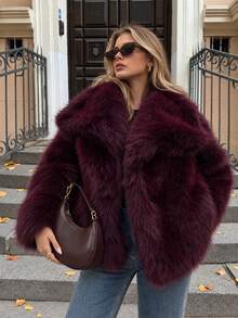 Women's Faux Fur Coat, Elegant Solid Color Lapel Long Sleeve Casual Loose Plus Size Winter Fashion Street Style Jacket - Burgundy - View 4