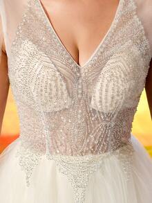Ball Gown Evening Dress, Romantic Sheer Corset Lace-Up Tulle Long Dress, Fairy Princess Gown, Suitable For Weddings And Formal Parties - White - View 8