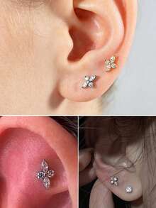 1 Buah Anting-anting CZ Berkilau Bentuk Salib Marquise Bunga Jahat ASTM Titanium Padat Ulir Internal Bertatahkan Gugus Zirkonia Datar untuk Bibir Hidung Tragus Tulang Rawan - 1 tindik bibir titanium - View 3
