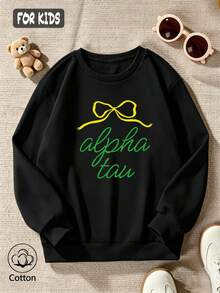 Children's Casual Round-Neck Sweatshirt, Long-Sleeve Round-Neck Sweatshirt With Line-Patterned Bow Print - Black - View 3