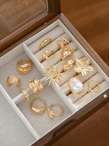 15/7pcs Bohemian Style Faux Pearl Flower Women's Sun Rings Suitable For Daily Wear - Yellow Gold - View 3