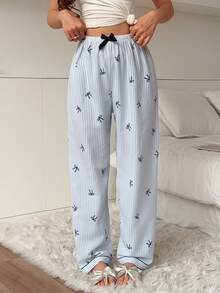 1pc Women's Comfortable Blue & White Striped Bow Print Long Pajama Pants, Soft Polyester, Non-Sheer - Blue - View 6