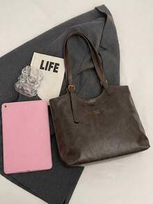 Fashion Solid Color PU Shoulder Tote Bag, Suitable For Women Shopping, Commuting And Daily Use - Coffee - View 3