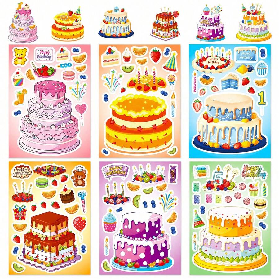 6Pcs Dessert Cake Puzzle Stickers For Kids, Cute Make A Face Mix And Match Decals, DIY Assemble Stickers For Kids Crafting, Classroom Activity & Birthday Party Play - Multicolor - View 1
