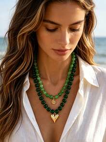 2/1pc Vintage Elegant Metal Heart And Shell Pendant Green Beaded Necklace Set, Suitable For Vacation And Daily Wear - Green - View 3