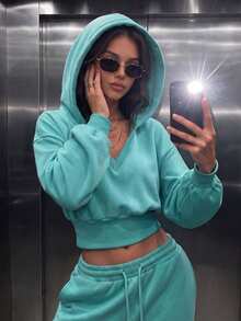 Women's Casual V-Neck Rib-Knit Tight Hem Oversized Hoodies For Daily Fall&Winter,Fall Winter Clothes,Winter Fall Outfit,Going Out - Turquoise - View 1