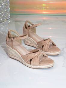 Women's Suede Bow Knot Twisted Straw Woven Wedge Sandals, Rope Braided Thick Sole Platform Open Toe Buckle Shoes - Apricot - View 1
