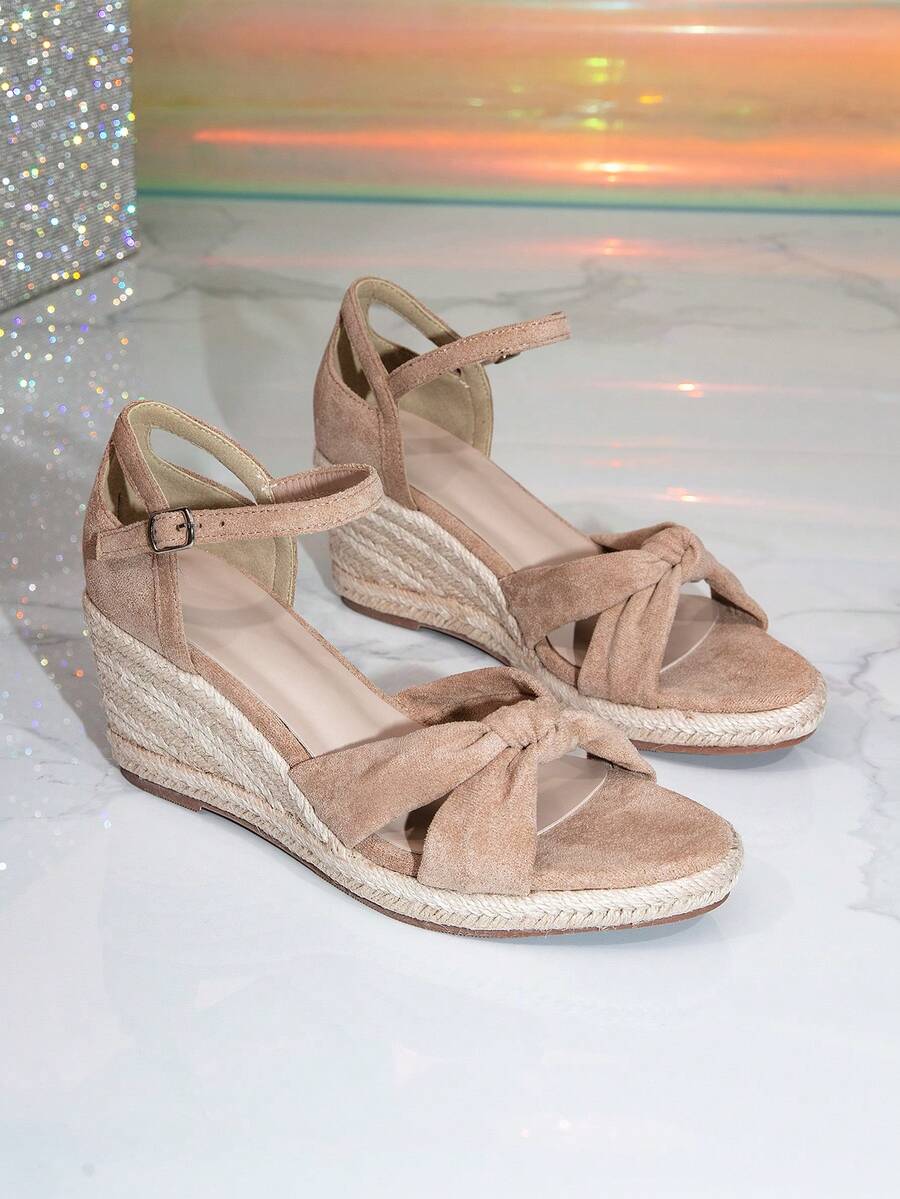 Women's Suede Bow Knot Twisted Straw Woven Wedge Sandals, Rope Braided Thick Sole Platform Open Toe Buckle Shoes - Apricot - View 1