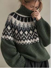 Island Pattern High Neck Long Sleeve Sweater, Loose Drop Shoulder Design, Fall Clothes For Women,Fall, Autumn Outfits For Women,Fall Clothes ,Autumn Clothes Fall Decorfall Outfits ,Autumn Outfit - Dark Green - View 2