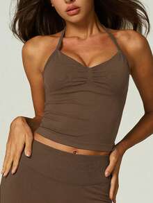 UONNOU Women's Brown Sports Shaping Tank Top, Halter V-Neck Ruched With Padded Support Sports Bra, Yoga Fitness Casual Sports Outfit Summer - Brown - View 4