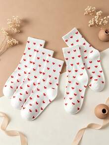 5 Pairs Sweet Red Heart All-Over Print Mid-Calf Socks, Simple White Heart Pattern Student Socks, Versatile Daily Wear Girls Socks - White - View 3