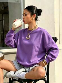 Casual Women's Cotton Blend Long Sleeve Round Neck Rib-Knit Pullover Sweatshirt, Regular Fit Fall Winter Essential - Deep Purple - View 9
