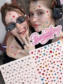 2PCS Large Heart 3D Asymmetrical Self-Adhesive Rhinestone Y2K Women's Face 3D Decorative Rhinestone Stickers Holiday Gift DIY Music Festival Party Makeup Ball Face Decoration Rhinestone Stickers - Multicolor - View 1