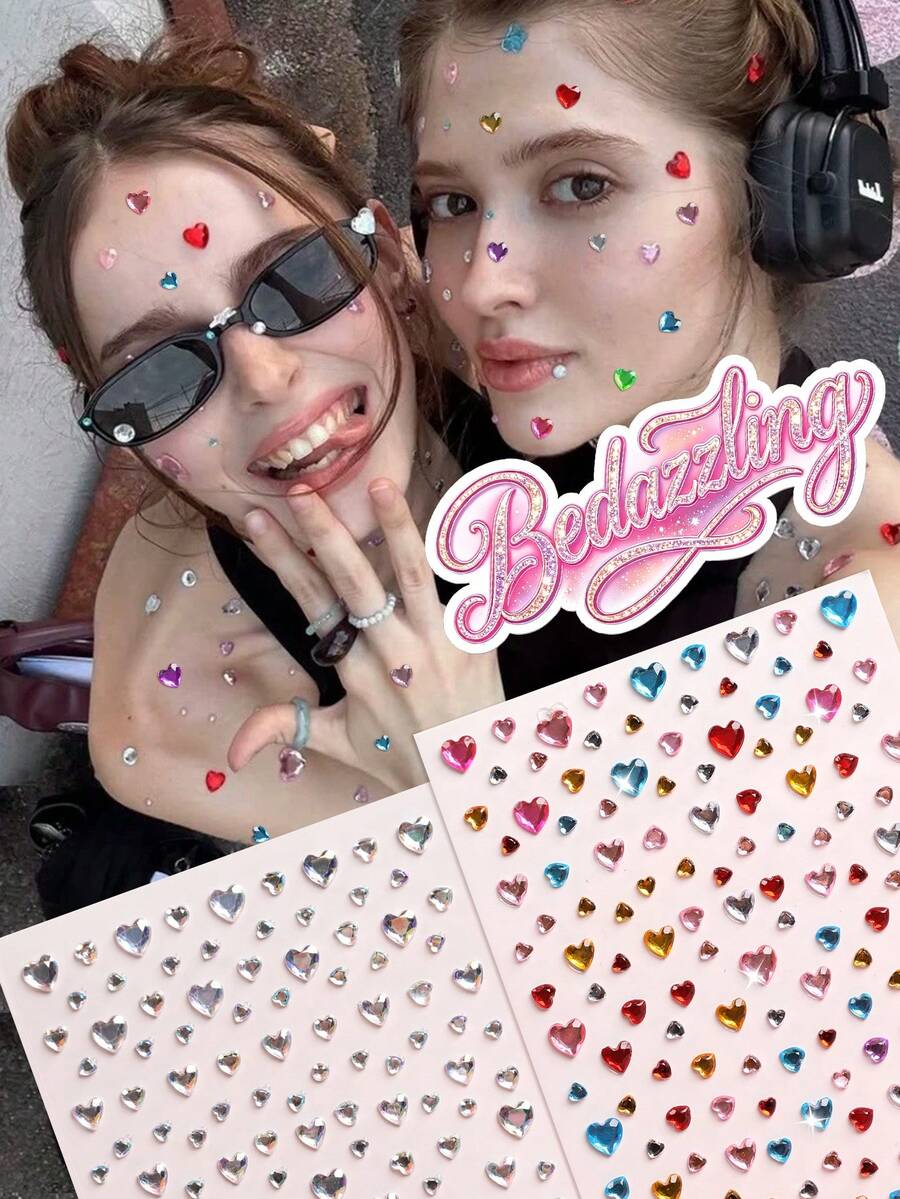 2PCS Large Heart 3D Asymmetrical Self-Adhesive Rhinestone Y2K Women's Face 3D Decorative Rhinestone Stickers Holiday Gift DIY Music Festival Party Makeup Ball Face Decoration Rhinestone Stickers - Multicolor - View 1