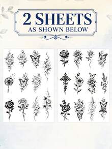 Tiny Small Semi-Permanent Temporary Tattoos For Women -2 Sheets Flower Roses Butterflies Tattoos For Adult Waterproof Realistic Fake Finger Tattoos Lasting 1-2 Weeks - Black - View 7