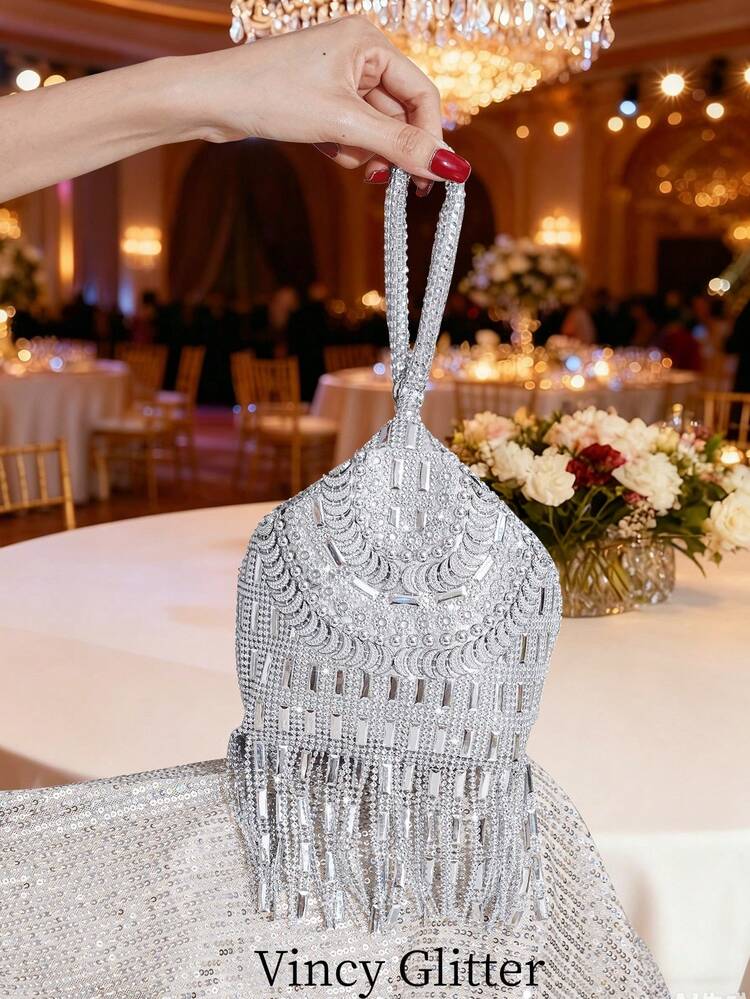 Shiny Tassel Evening Party Bag With Rhinestone Decor, Asymmetrical Handbag, Mine-Style Clutch, Elegant Lady Handbag - Silver - View 1