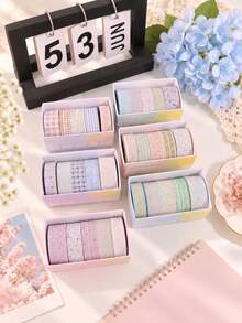 5 Rolls/Box Simple Pattern Glitter PET Tape Set, 3 Widths Of Stylish Tape, Perfect For School Supplies, Crafts, And Gift Wrapping, A Handbook Gift For Friends - Sets - View 5