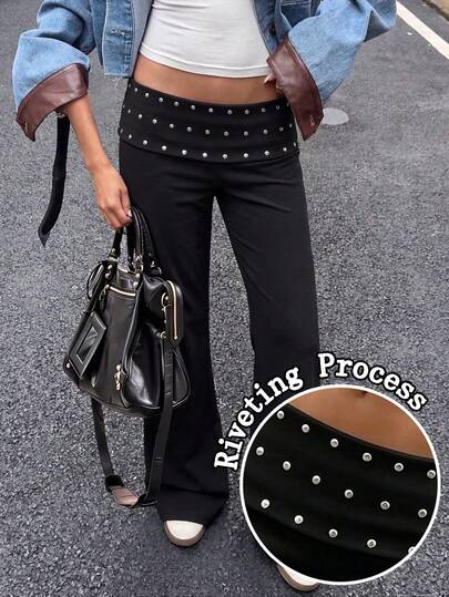 Y2K Back To School Street Style Hot Girl Fashion Rivet Long Pants, Fall Outfit For Women, Women's Autumn Outfit, Fall Clothes For Women, Women's Autumn Clothing, Tops For Women, Women's Long Pants