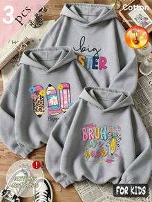 Autumn/Winter 3 Pieces Set Girls' Fleece-Lined Hooded Sweatshirt Colorful Letter Print Gray Long Sleeve Soft Y2K Style - Heather Gray+Heather Gray+Heather Gray - View 1