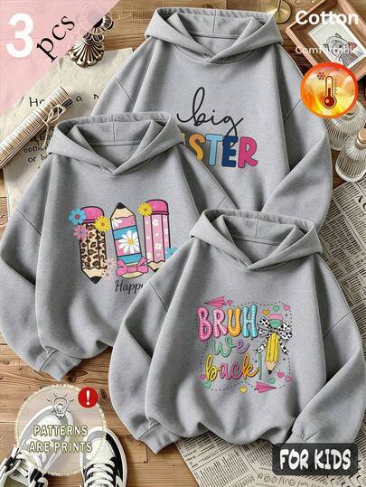 Autumn/Winter 3 Pieces Set Girls' Fleece-Lined Hooded Sweatshirt Colorful Letter Print Gray Long Sleeve Soft Y2K Style