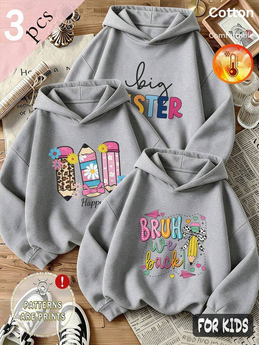 Autumn/Winter 3 Pieces Set Girls' Fleece-Lined Hooded Sweatshirt Colorful Letter Print Gray Long Sleeve Soft Y2K Style - Heather Gray+Heather Gray+Heather Gray - View 1