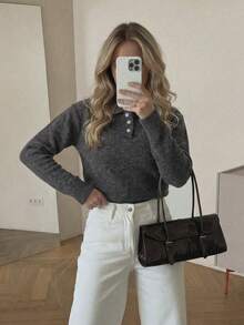 Women's Autumn/Winter New Polo Collar Solid Color Knit Sweater, Suitable For Office Commute, Business Professional, Casual Daily Wear - Grey - View 11