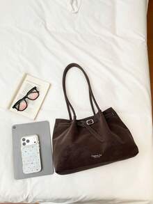 1pc Coffee Brown PU Leather Tote Bag With Strap Decor, Large Capacity Solid Color Shoulder Bag For Women - Coffee Brown - View 5