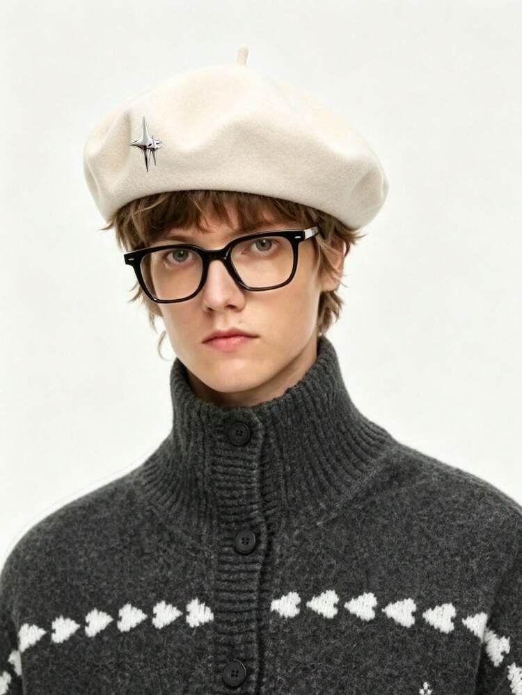 1pc Men's Autumn/Winter Star & Pumpkin Beret, Japanese Casual Wool Warm Hat, High-End Niche Design, Vintage Detachable British Style Newsboy Cap - one-size - View 3