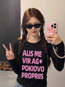 New Black Short Long Sleeve T-Shirt Women Y2K Generation Fun Pink English Print Spring Autumn Korean Style Crew Neck Versatile Casual Slim Fit Top - Black - View 3
