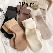5 Pairs Comfortable Fleece Winter Socks - Thick, Warm, Soft, Earth Tone, Polyester And Spandex Blend, Knitted, Solid Color, Suitable For Cold Weather/Yoga/Sleep, Fashionable Women's Style - Multicolor - View 5