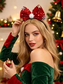 2/1pc Christmas Shiny Red & Green Sequin Large Bow Headband With Snowflake, Star And Pom Pom Decor, Women's Autumn/Winter Holiday Party Hair Accessory - Multicolor - View 10
